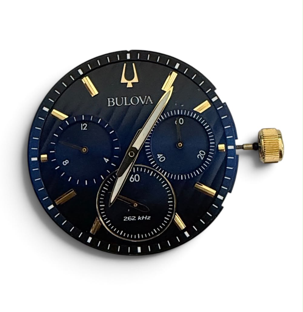 Bulova 8137 Curve Watch Movement Stem & Blue Crown with Gold Hand