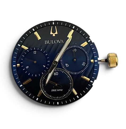 Bulova 8137 Curve Watch Movement Stem & Blue Crown with Gold Hand