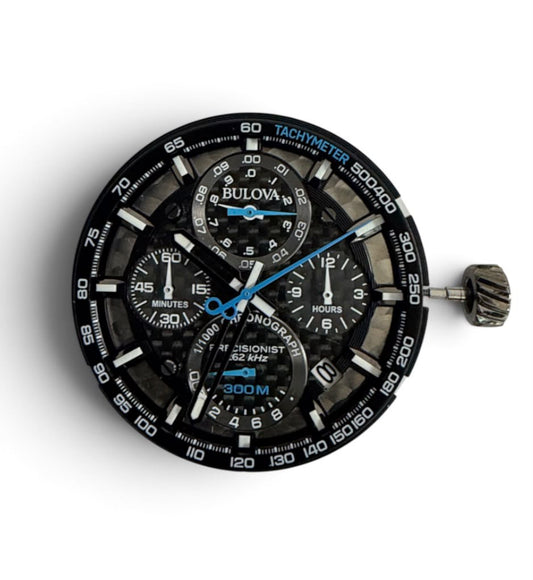Bulova P129 / 8129 Watch Movement Stem & Crown with Blue Hand