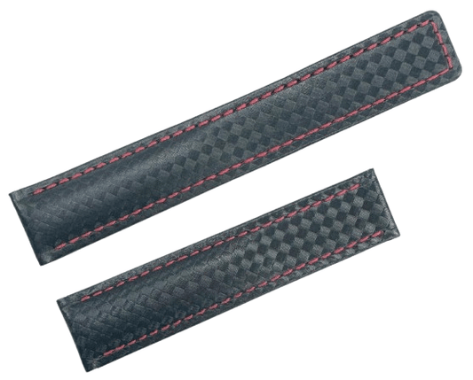 19mm Black Padded Carbon Fiber Pattern Leather Watch Band with Red Stitched - Universal Jewelers & Watch Tools Inc.