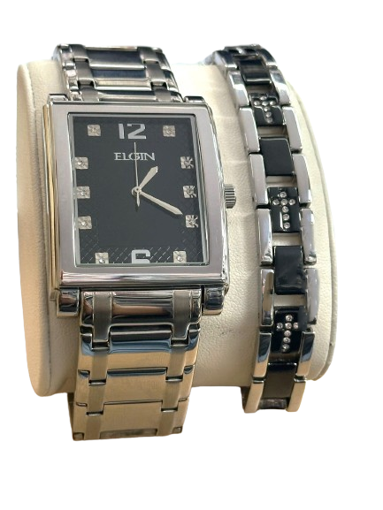 Elgin Men’s Silver-Tone Crystal Watch with Black Dial & Cross Bracelet Set