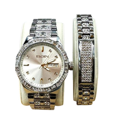 Elgin Men's Silver Watch & Matching Bracelet Set – Gold Markers | FG180016SST