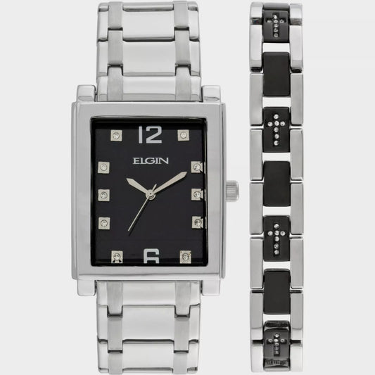 Elgin Men’s Silver-Tone Crystal Watch with Black Dial & Cross Bracelet Set