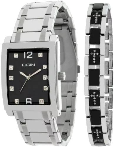 Elgin Men’s Silver-Tone Crystal Watch with Black Dial & Cross Bracelet Set