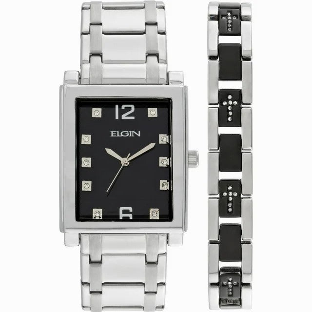 Elgin Men’s Silver-Tone Crystal Watch with Black Dial & Cross Bracelet Set