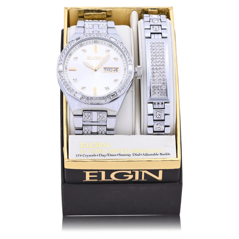 Load image into Gallery viewer, Elgin Men&#39;s Silver Watch &amp; Matching Bracelet Set – Gold Markers | FG180016SST
