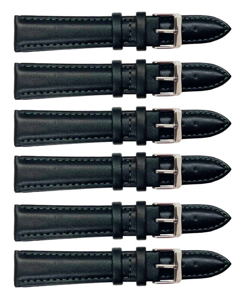 Load image into Gallery viewer, 6PCS Black Leather Watch Band Sizes 8MM-24MM Padded w/GREEN Stitches
