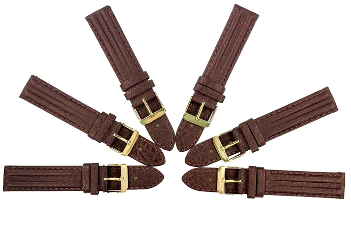 Lot of 6 Watch Bands D.Brown Genuine Leather,Padded Stitched 18x18mm