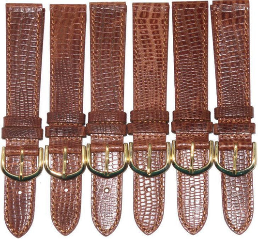Lot of 6Pcs.Watch Bands Genuine Leather Lizard Grain Brown Flat 18mm - Universal Jewelers & Watch Tools Inc.