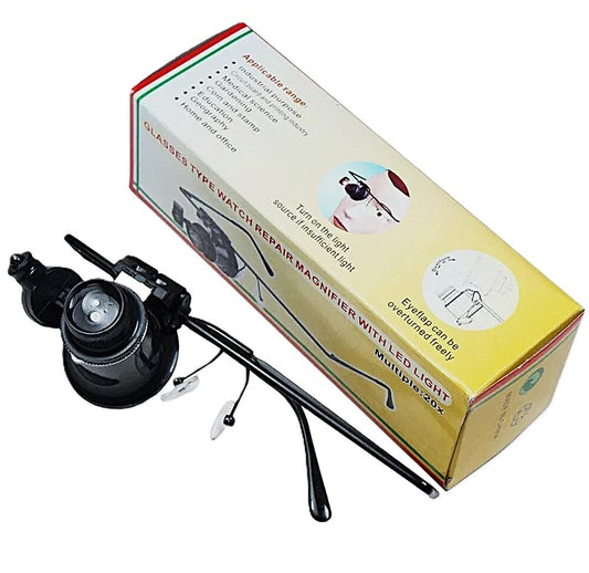 LED Glasses Magnifier 20X Watch Repair Tool with Flip Lens Light Eyewear Loupe