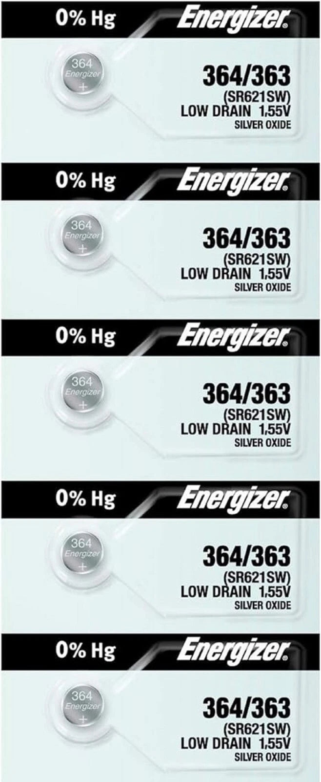 Energizer 363 /364 SR621SW Silver Oxide Batteries 1.55V New Sealed (5 Pcs.)