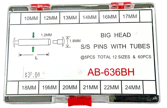 Assortment of Big Head Pins With Tubes For Watch Bracelet, Dia 1.2mm, AB-636BH