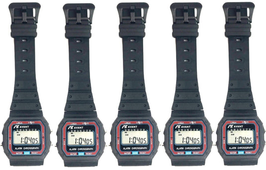 LOT OF 5 DIGITAL WATCH FOR UNISEX CHRONOGRAPH WITH ALARM AND STOP WATCH BLACK