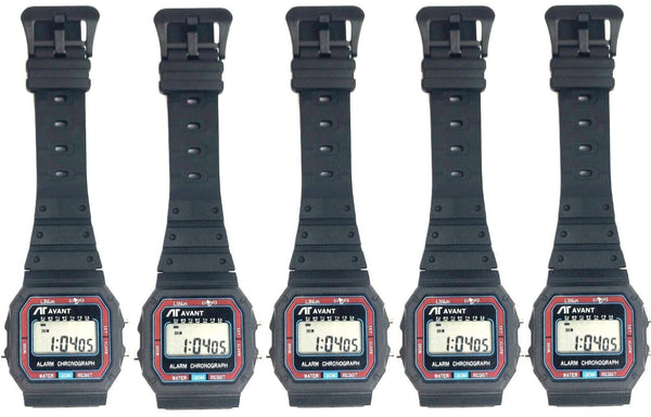 LOT OF 5 DIGITAL WATCH FOR UNISEX CHRONOGRAPH WITH ALARM AND STOP WATCH BLACK