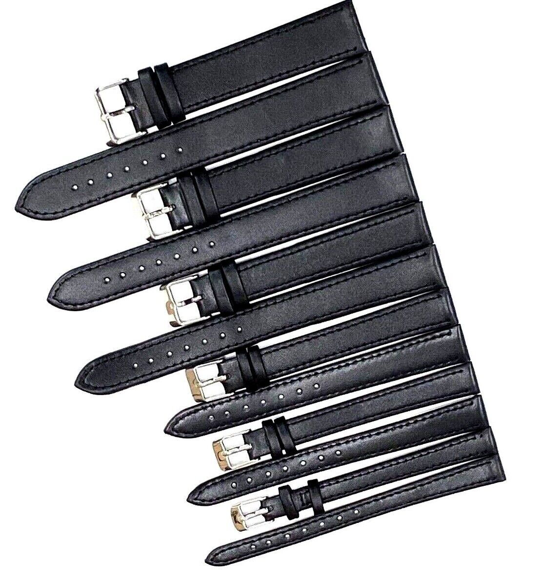 Watch Band Flat Genuine Leather Plain Black 10,12,14,16,18,20,22 24mm XXL