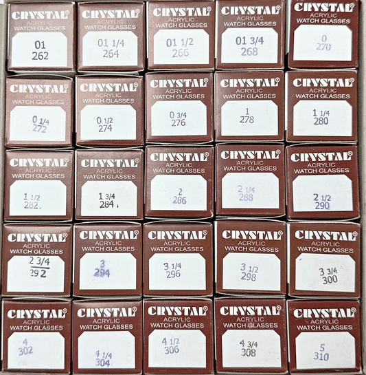 Assortment Watch Crystals, 250pcs Plastic Glasses, Low Dome 26.2mm to 31.0mm - Universal Jewelers & Watch Tools Inc.
