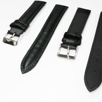 Genuine Leather Watch Band, Black Padded, Plain, Green Stitches, 18MM and 20MM , Regular Size, Stainless Steel Silver Buckle - Universal Jewelers & Watch Tools Inc. 