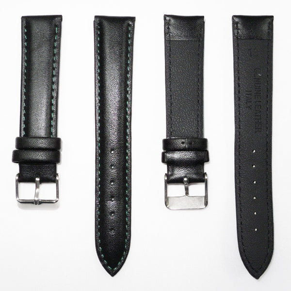 Genuine Leather Watch Band, Black Padded, Plain, Green Stitches, 18MM and 20MM , Regular Size, Stainless Steel Silver Buckle - Universal Jewelers & Watch Tools Inc. 