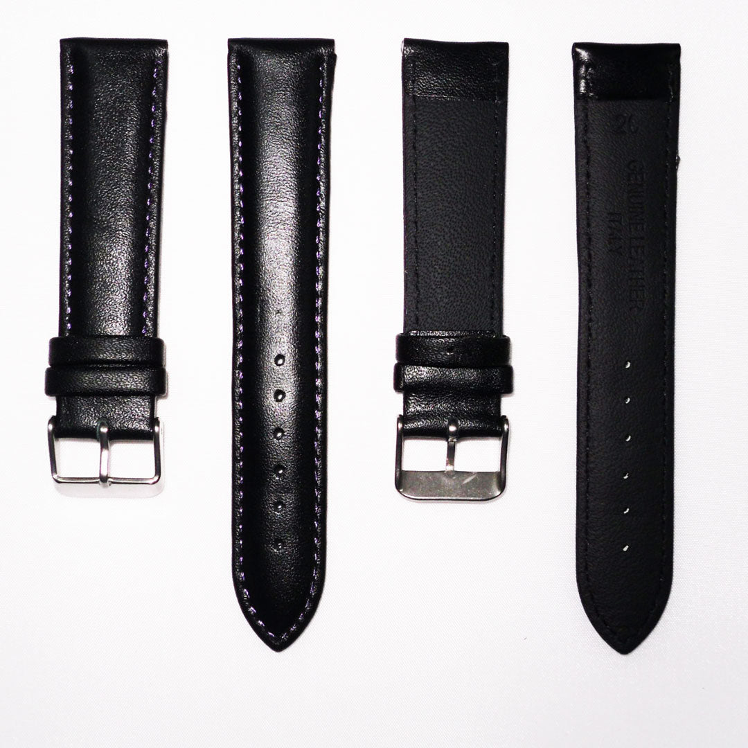 Genuine Leather Watch Band, Black Padded, Plain, Purple Stitches, 19MM and 20MM , Regular Size, Stainless Steel Silver Buckle - Universal Jewelers & Watch Tools Inc. 