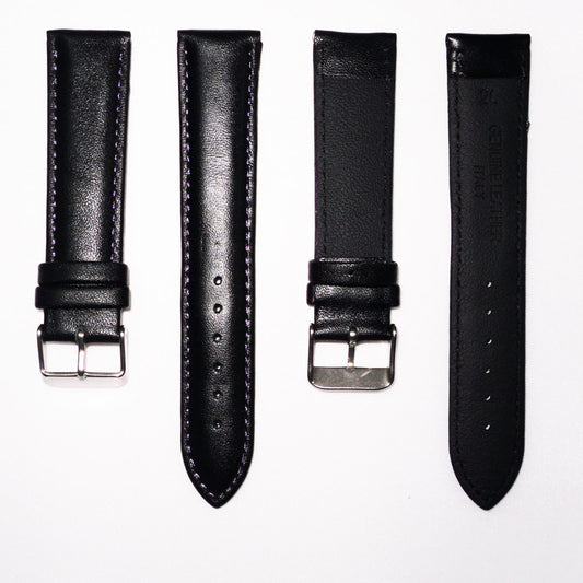 Genuine Leather Watch Band, Black Padded, Plain, Purple Stitches, 19MM and 20MM , Regular Size, Stainless Steel Silver Buckle - Universal Jewelers & Watch Tools Inc. 