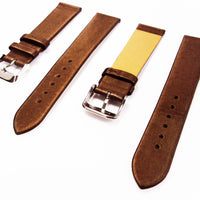 Genuine Leather Watch Band, Brown Satin Fabric Finishing, Flat Plain, 20MM , Regular Size, Stainless Steel Silver Buckle - Universal Jewelers & Watch Tools Inc. 