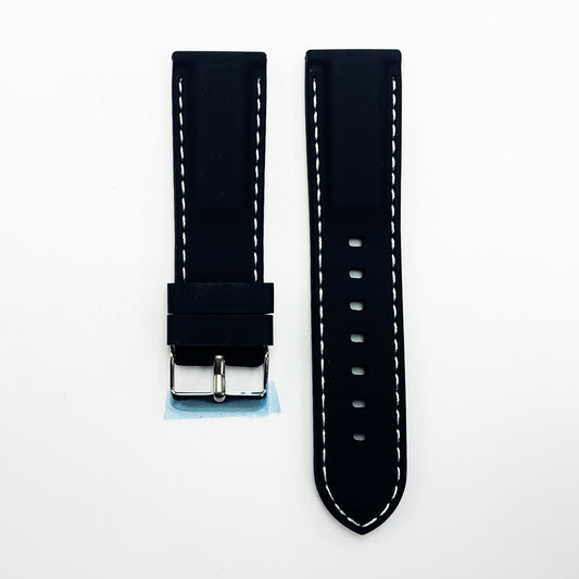 22 MM Silicone Padded White Stitched Watch Band Black Color Quick Release Regular Size Watch Strap - Universal Jewelers & Watch Tools Inc.