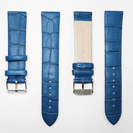 Genuine Italian Leather Alligator Style, Blue Color Flat Watch Band, 16MM and 18MM, Regular Size, Stainless Steel Silver Buckle - Universal Jewelers & Watch Tools Inc. 