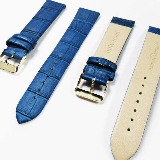 Genuine Italian Leather Alligator Style, Blue Color Flat Watch Band, 20MM , Regular and XL Size, Stainless Steel Golden Buckle - Universal Jewelers & Watch Tools Inc.