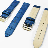 Genuine Italian Leather Alligator Style, Blue Color Flat Watch Band, 20MM , Regular and XL Size, Stainless Steel Golden Buckle - Universal Jewelers & Watch Tools Inc. 