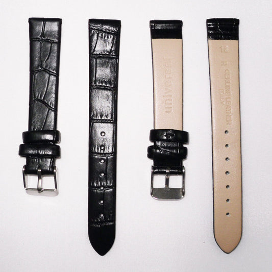 Genuine Italian Leather Alligator Style, Black Color Flat Watch Band, 16MM and 18MM, Regular Size, Stainless Steel Silver Buckle - Universal Jewelers & Watch Tools Inc. 