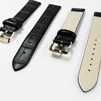 Genuine Italian Leather Alligator Style, Black Color Flat Watch Band, 16MM and 18MM, Regular Size, Stainless Steel Golden Buckle - Universal Jewelers & Watch Tools Inc. 