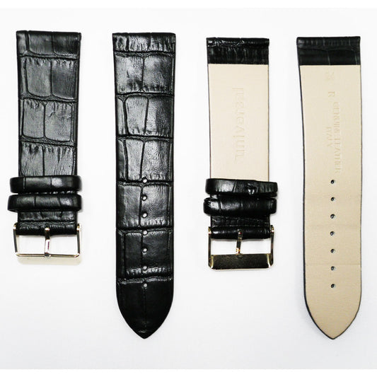 Genuine Italian Leather Alligator Style, Black Color Flat Watch Band, 22MM and 24MM, Regular Size, Stainless Steel Golden Buckle - Universal Jewelers & Watch Tools Inc. 