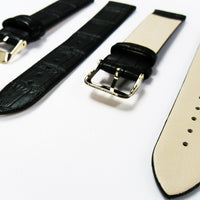 Genuine Italian Leather Alligator Style, Black Color Flat Watch Band, 20MM , Regular and XL Size, Stainless Steel Golden Buckle - Universal Jewelers & Watch Tools Inc. 