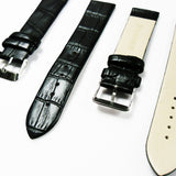 Genuine Italian Leather Alligator Style, Black Color Flat Watch Band, 20MM , Regular and XL Size, Stainless Steel Silver Buckle - Universal Jewelers & Watch Tools Inc. 