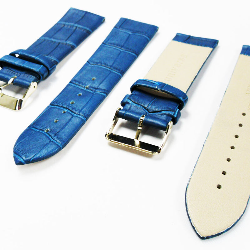 Load image into Gallery viewer, Genuine Italian Leather Alligator Style, Blue Color Flat Watch Band, 22MM and 24MM, Regular Size, Stainless Steel Golden Buckle - Universal Jewelers &amp; Watch Tools Inc. 
