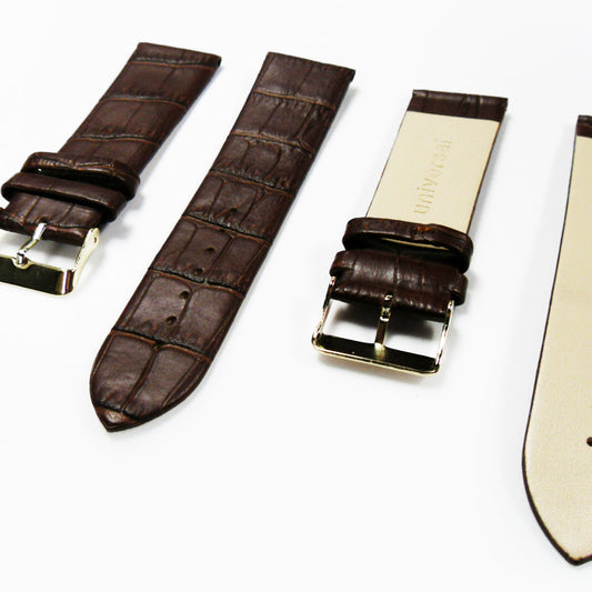 Genuine Italian Leather Alligator Style, Brown Color Flat Watch Band, 22MM and 24MM, Regular Size, Stainless Steel Golden Buckle - Universal Jewelers & Watch Tools Inc. 