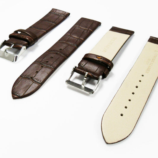 Genuine Italian Leather Alligator Style, Brown Color Flat Watch Band, 22MM and 24MM, Regular Size, Stainless Steel Silver Buckle - Universal Jewelers & Watch Tools Inc.