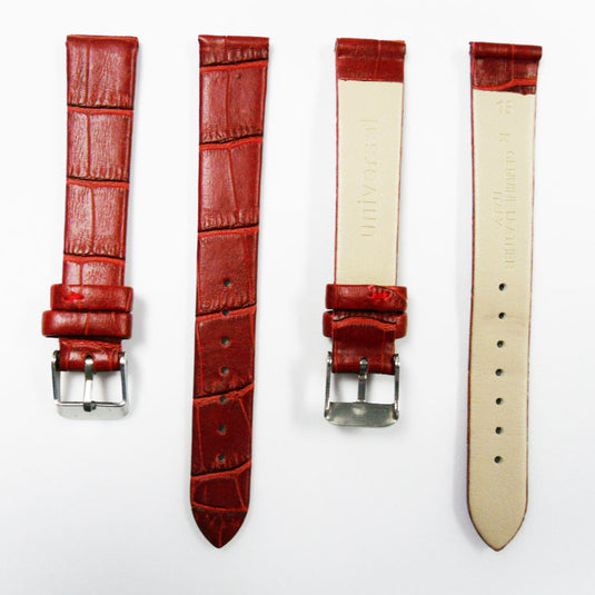 Genuine Italian Leather Alligator Style, Red Color Flat Watch Band, 16MM, 18MM and 20MM, Regular and XL Size, Stainless Steel Silver Buckle - Universal Jewelers & Watch Tools Inc. 