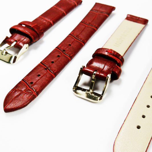Genuine Italian Leather Alligator Style, Red Color Flat Watch Band, 16MM, 18MM and 20MM, Regular and XL Size, Stainless Steel Golden Buckle - Universal Jewelers & Watch Tools Inc. 