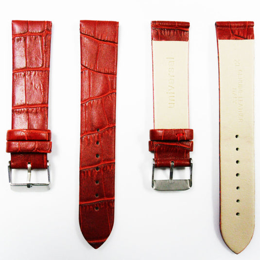 Genuine Italian Leather Alligator Style, Red Color Flat Watch Band, 16MM, 18MM and 20MM, Regular and XL Size, Stainless Steel Silver Buckle - Universal Jewelers & Watch Tools Inc. 