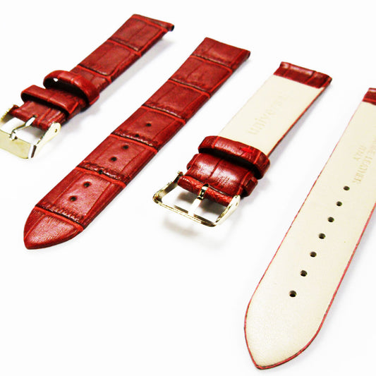 Genuine Italian Leather Alligator Style, Red Color Flat Watch Band, 16MM, 18MM and 20MM, Regular and XL Size, Stainless Steel Golden Buckle - Universal Jewelers & Watch Tools Inc. 