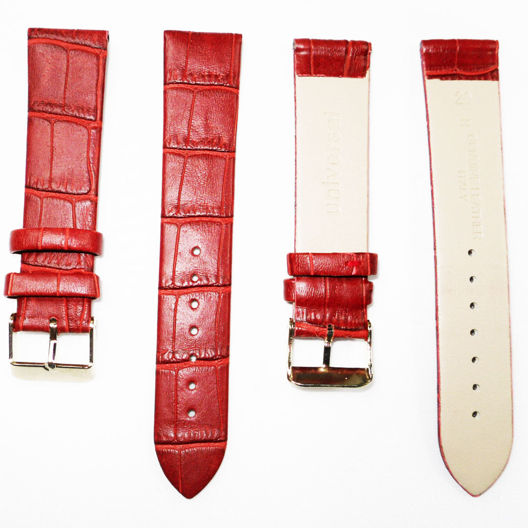 Genuine Italian Leather Alligator Style, Red Color Flat Watch Band, 16MM, 18MM and 20MM, Regular and XL Size, Stainless Steel Golden Buckle - Universal Jewelers & Watch Tools Inc. 
