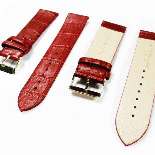 Genuine Italian Leather Alligator Style, Red Color Flat Watch Band, 22MM and 24MM, Regular Size, Stainless Steel Golden Buckle - Universal Jewelers & Watch Tools Inc. 