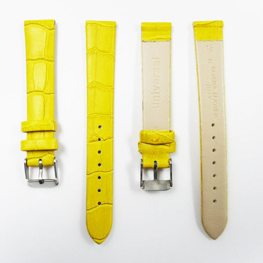Genuine Italian Leather Alligator Style, Yellow Color Flat Watch Band, 16MM and 18MM, Regular Size, Stainless Steel Silver Buckle - Universal Jewelers & Watch Tools Inc. 