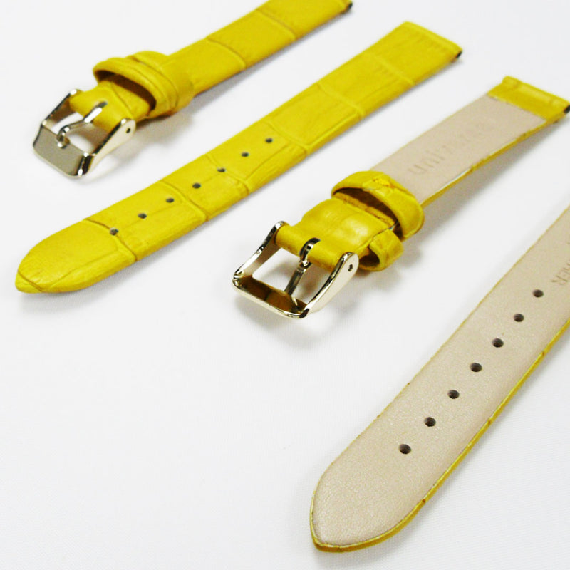 Load image into Gallery viewer, Genuine Italian Leather Alligator Style, Yellow Color Flat Watch Band, 16MM and 18MM, Regular Size, Stainless Steel Golden Buckle - Universal Jewelers &amp; Watch Tools Inc. 
