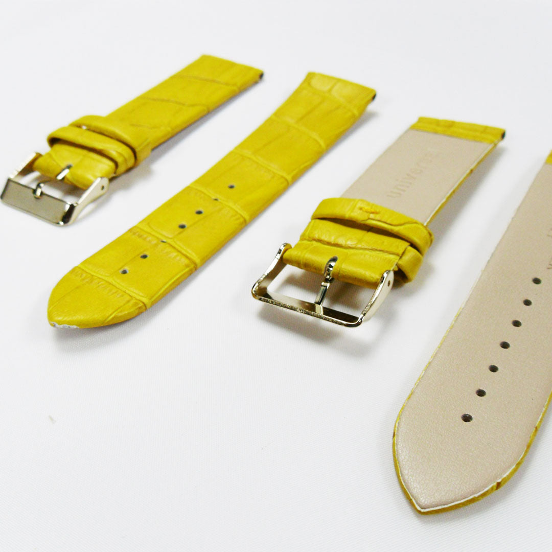 Genuine Italian Leather Alligator Style, Yellow Color Flat Watch Band, 22MM and 24MM, Regular Size, Stainless Steel Golden Buckle - Universal Jewelers & Watch Tools Inc. 