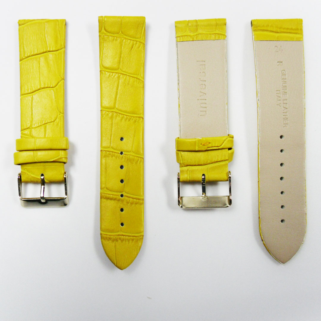 Genuine Italian Leather Alligator Style, Yellow Color Flat Watch Band, 22MM and 24MM, Regular Size, Stainless Steel Golden Buckle - Universal Jewelers & Watch Tools Inc. 