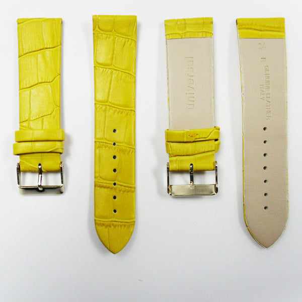 Genuine Italian Leather Alligator Style, Yellow Color Flat Watch Band, 22MM and 24MM, Regular Size, Stainless Steel Golden Buckle - Universal Jewelers & Watch Tools Inc. 