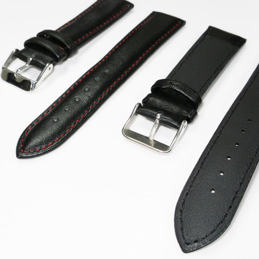 Genuine Leather Watch Band, Black Padded, Plain, Red Stitches, 19MM and 20MM , Regular Size, Stainless Steel Silver Buckle - Universal Jewelers & Watch Tools Inc. 