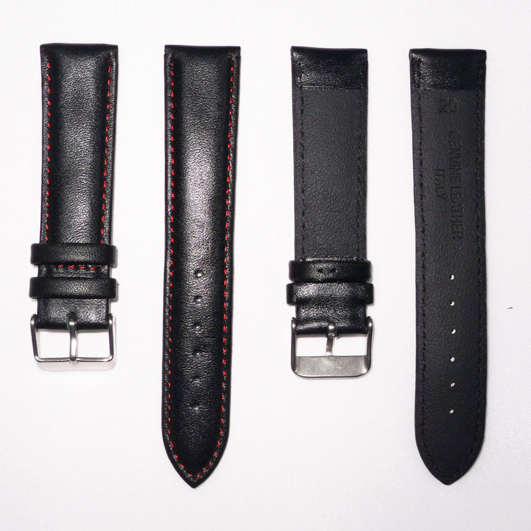 Genuine Leather Watch Band, Black Padded, Plain, Red Stitches, 19MM and 20MM , Regular Size, Stainless Steel Silver Buckle - Universal Jewelers & Watch Tools Inc. 